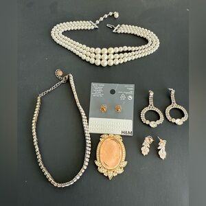 Grouping of Costume Jewelry- 2 Necklaces, Earrings, H&M Earrings + Brooch Set